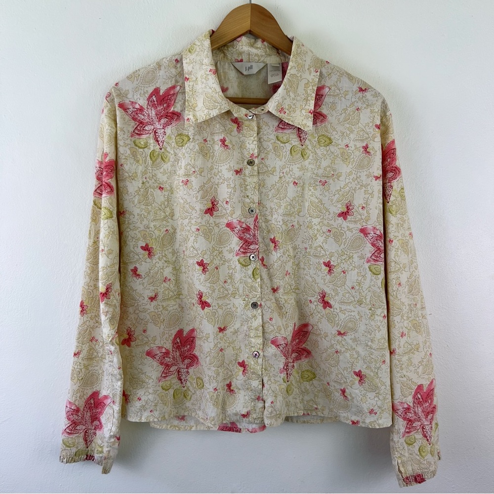 J. Jill Cream Floral Paisley 100% Cotton Lightweight Collared Button Down Top